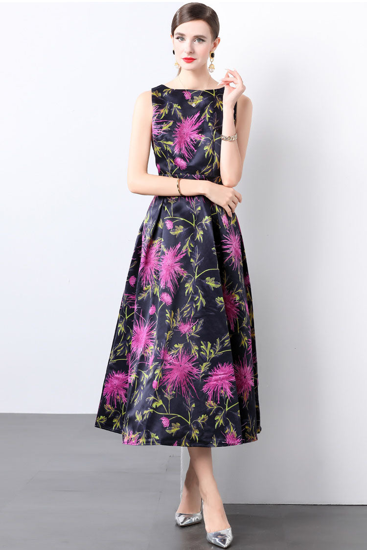Purple Flower Print Sleeveless A-line Dress