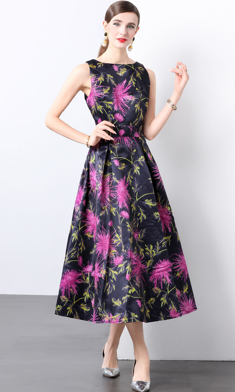 Purple Flower Print Sleeveless A-line Dress