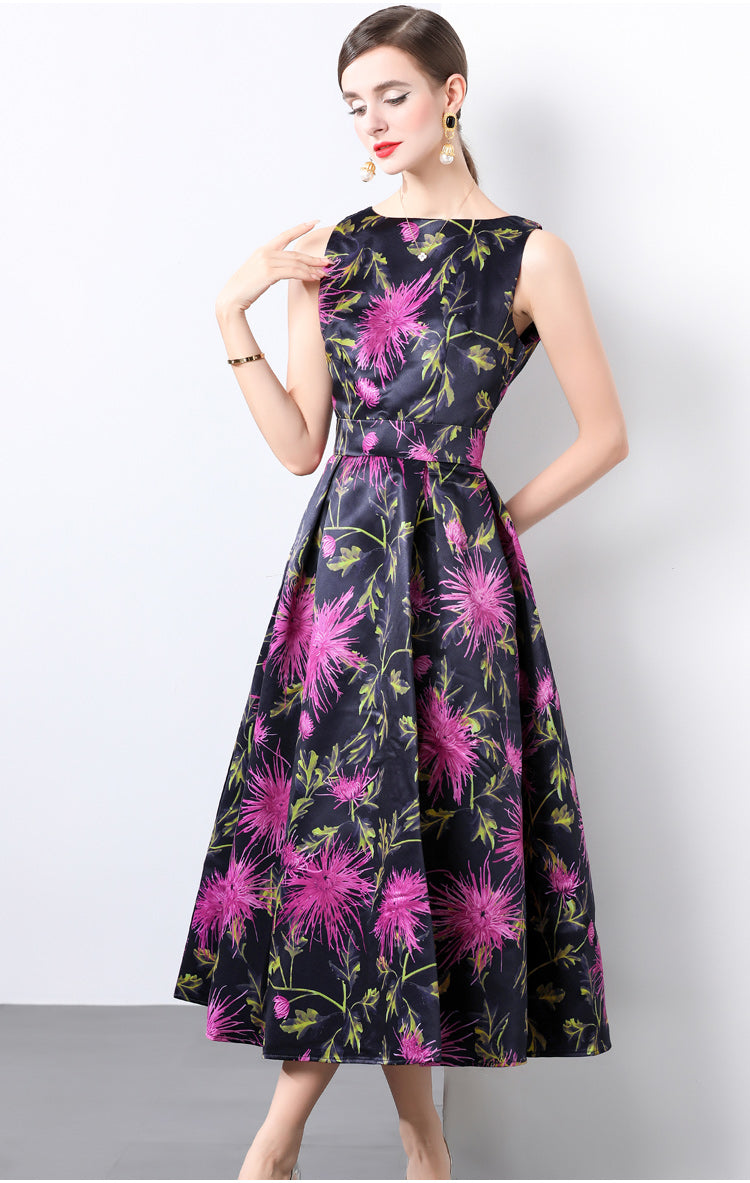 Purple Flower Print Sleeveless A-line Dress
