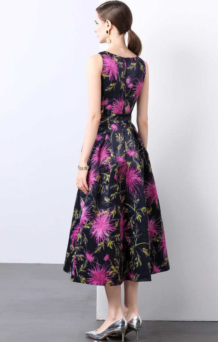 Purple Flower Print Sleeveless A-line Dress