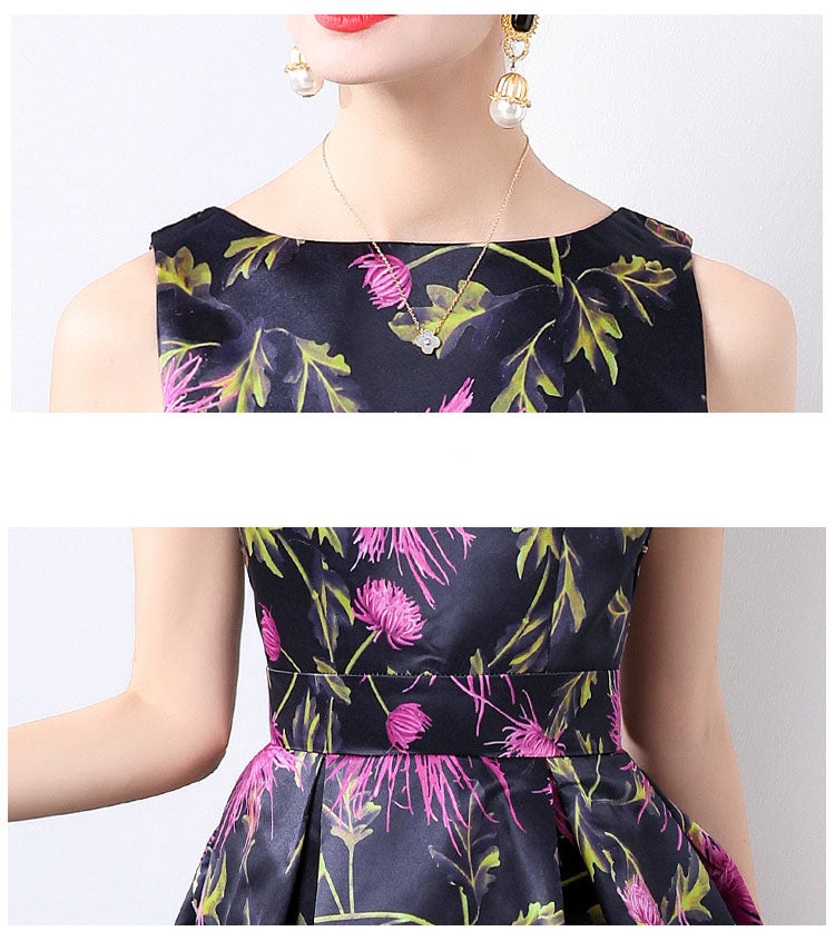 Purple Flower Print Sleeveless A-line Dress