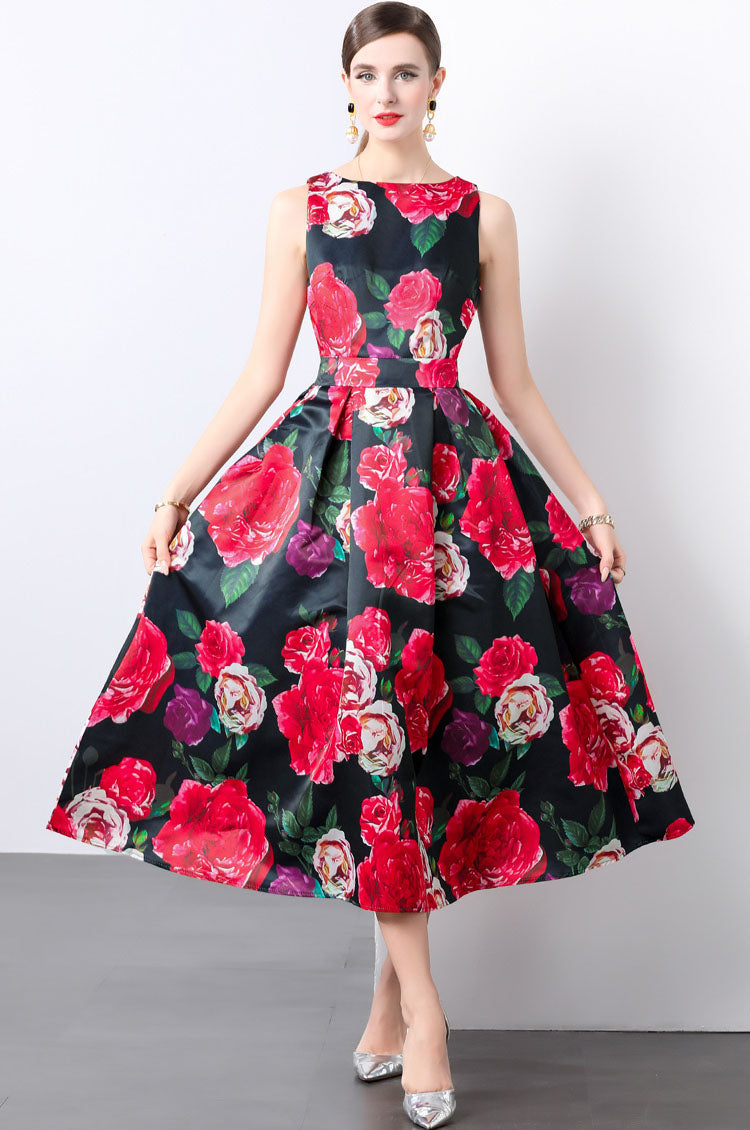 Flower Print Sleeveless A-line Dress