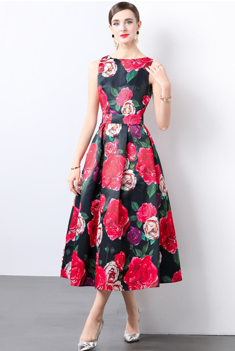 Flower Print Sleeveless A-line Dress