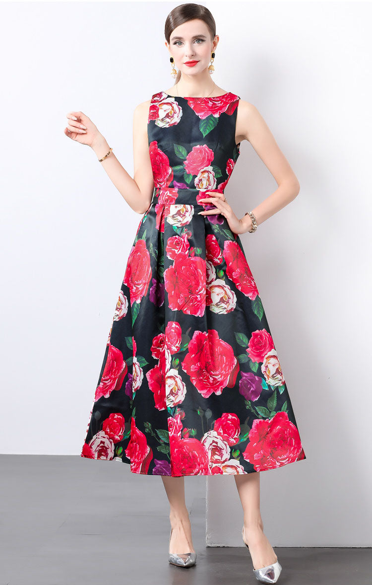 Flower Print Sleeveless A-line Dress