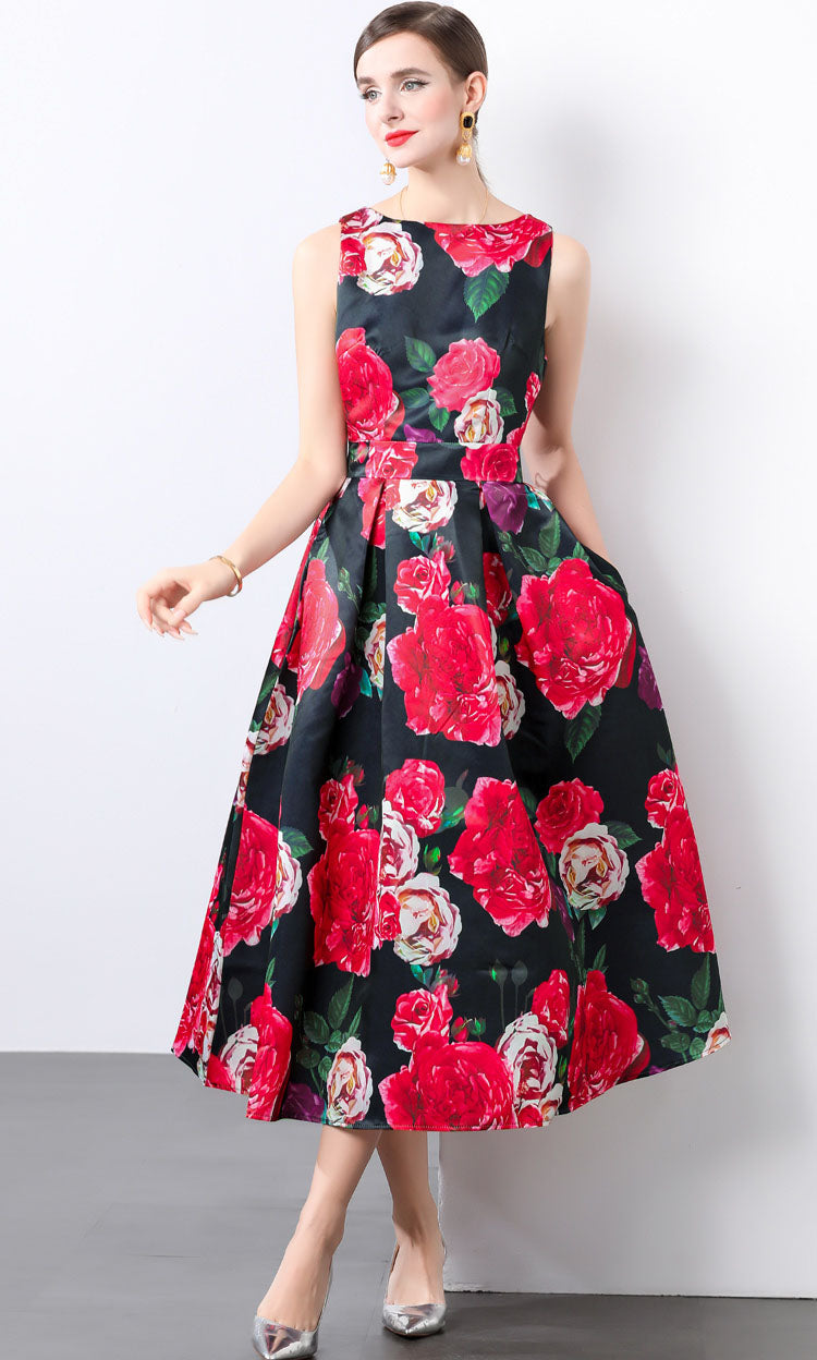 Flower Print Sleeveless A-line Dress