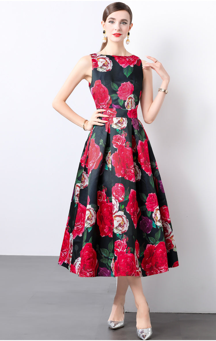 Flower Print Sleeveless A-line Dress