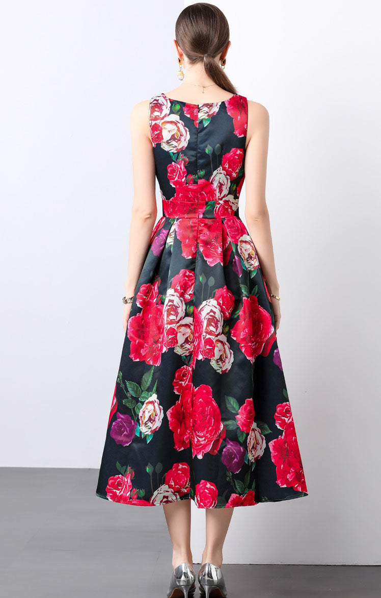Flower Print Sleeveless A-line Dress