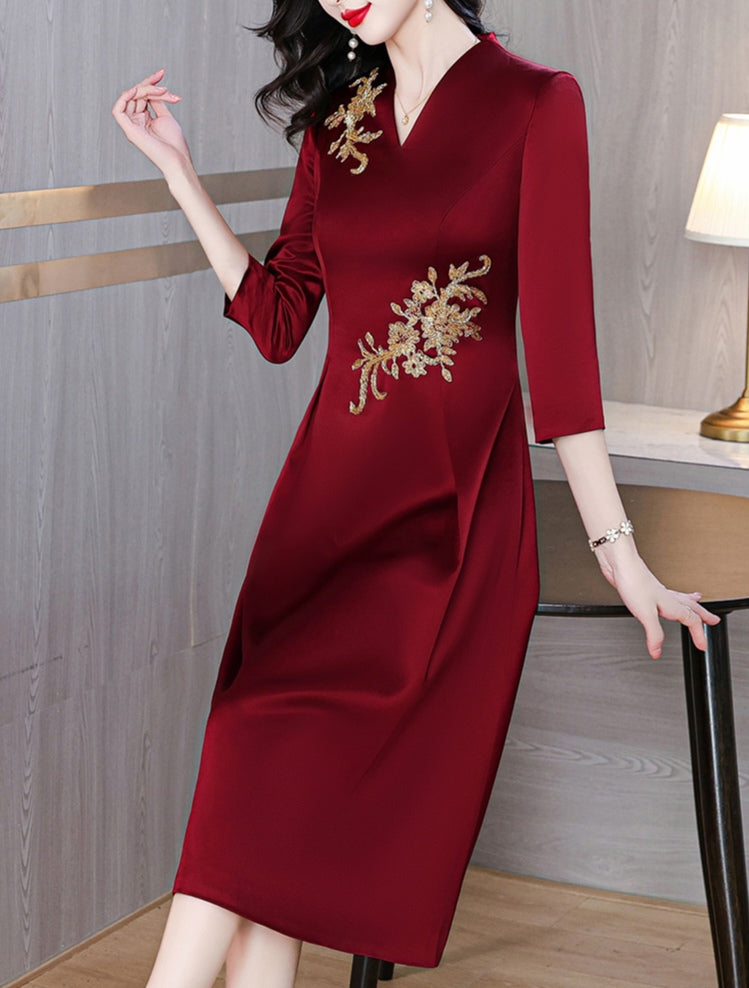 Red V-neck Elegant Banquet Dress