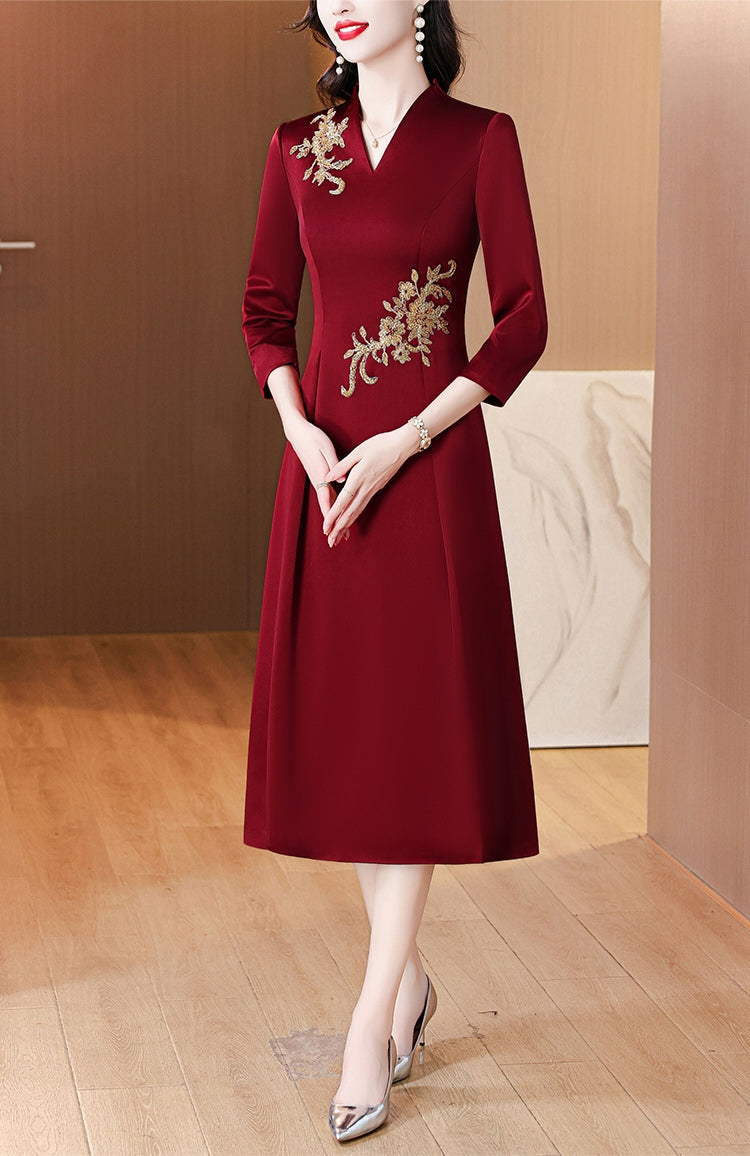 Red V-neck Elegant Banquet Dress