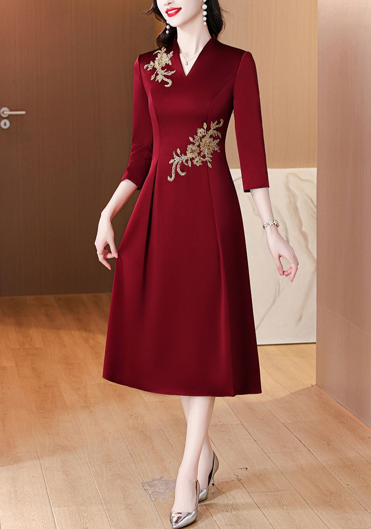 Red V-neck Elegant Banquet Dress