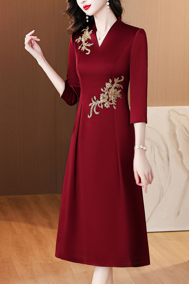 Red V-neck Elegant Banquet Dress