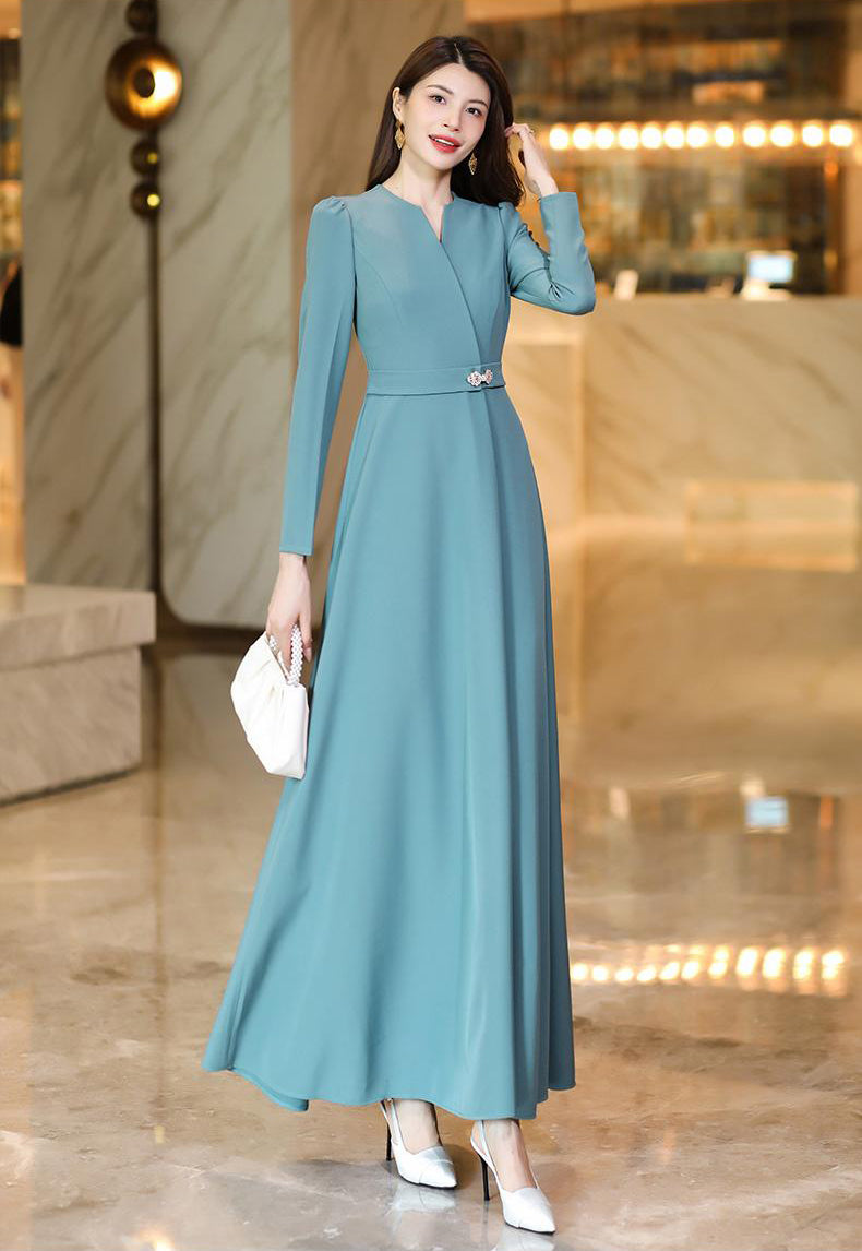 Haze Blue Elegant Slim Long Dress