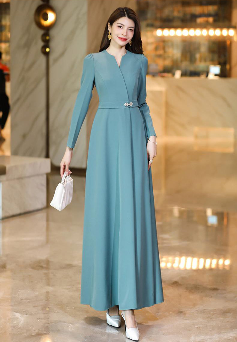 Haze Blue Elegant Slim Long Dress