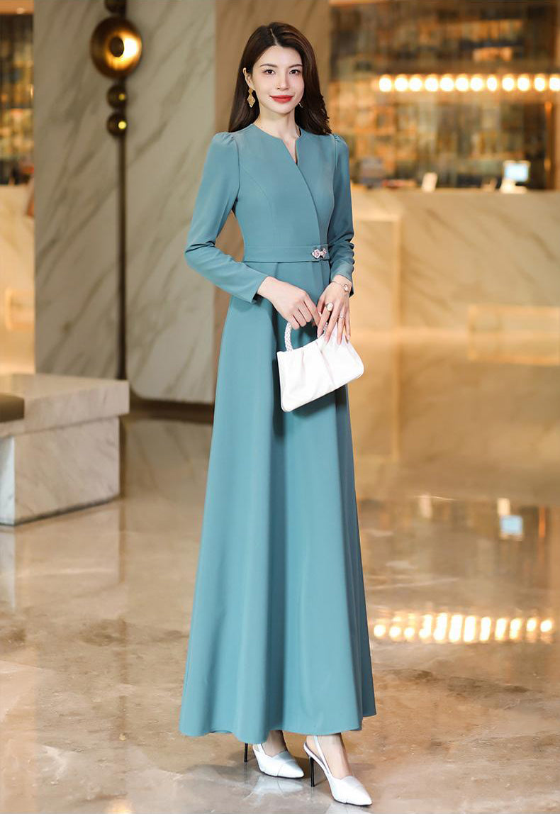 Haze Blue Elegant Slim Long Dress
