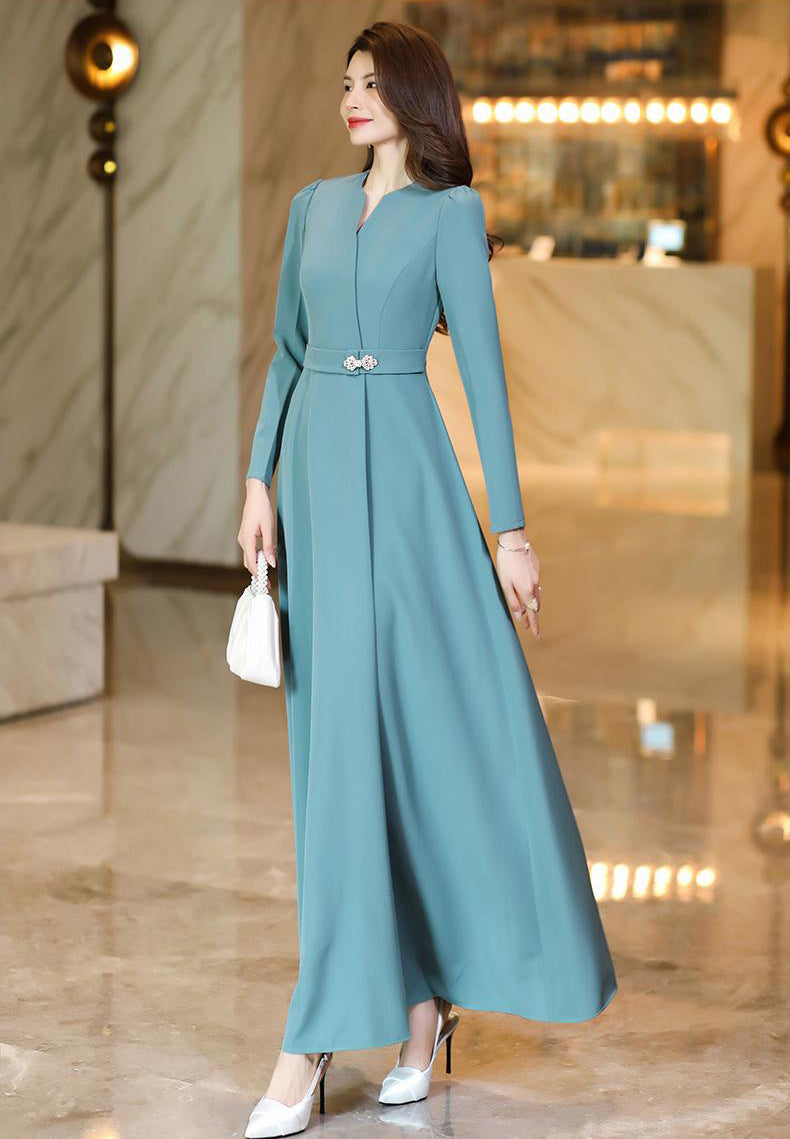 Haze Blue Elegant Slim Long Dress