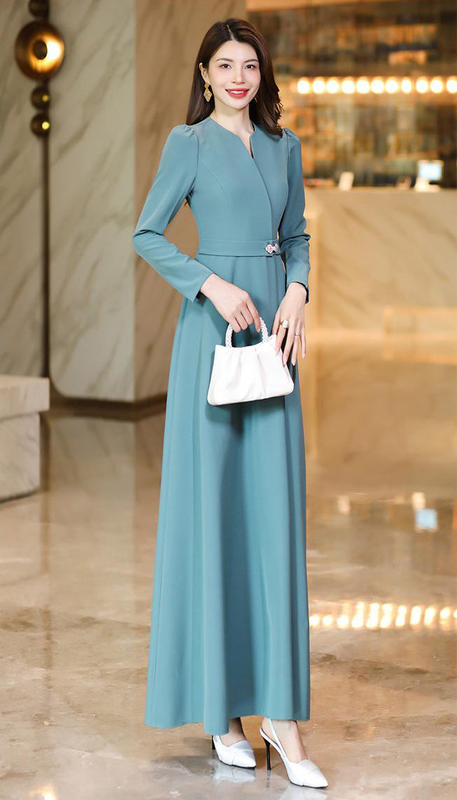 Haze Blue Elegant Slim Long Dress