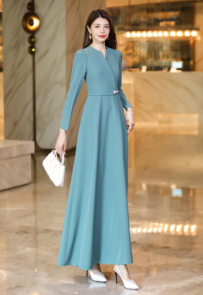 Haze Blue Elegant Slim Long Dress