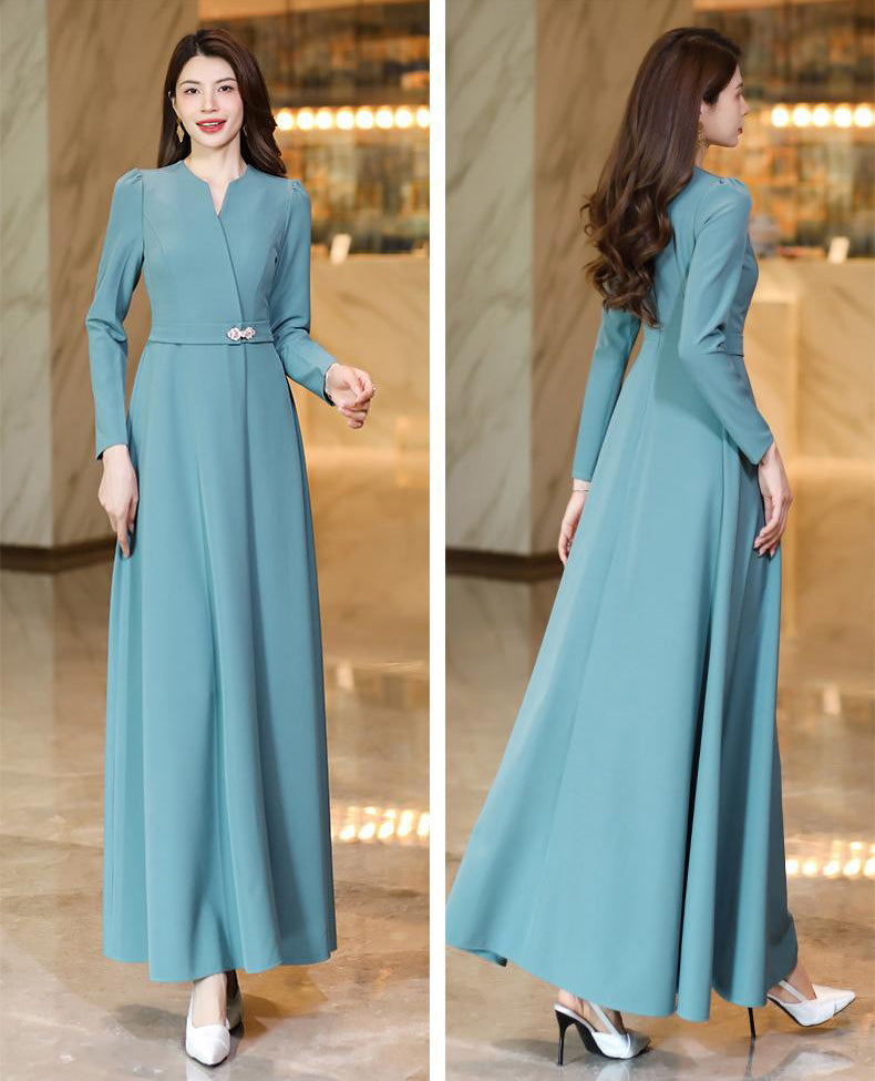 Haze Blue Elegant Slim Long Dress