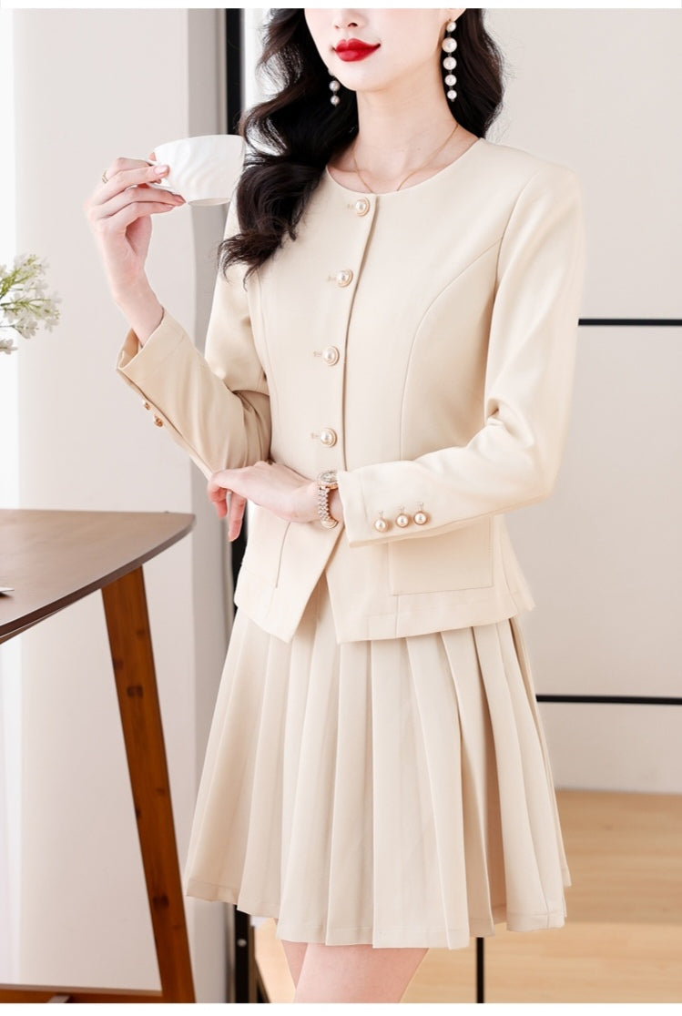 Professional Suit Long-sleeve Top + Pleated Mini Skirt