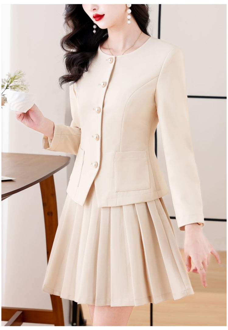 Professional Suit Long-sleeve Top + Pleated Mini Skirt