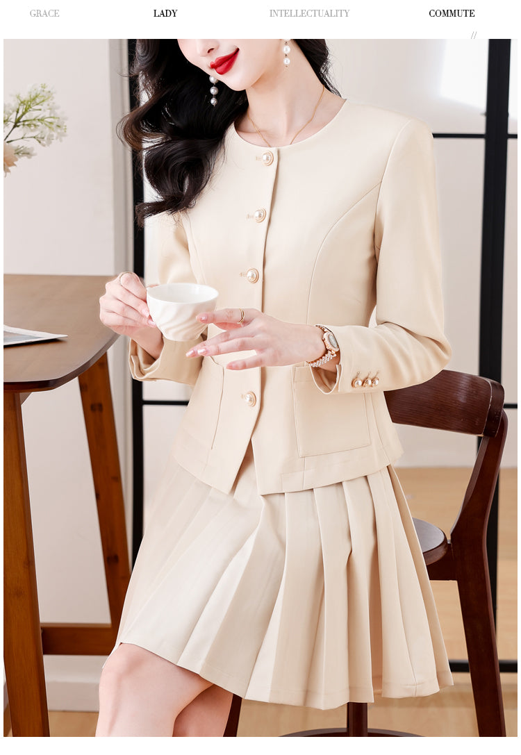 Professional Suit Long-sleeve Top + Pleated Mini Skirt