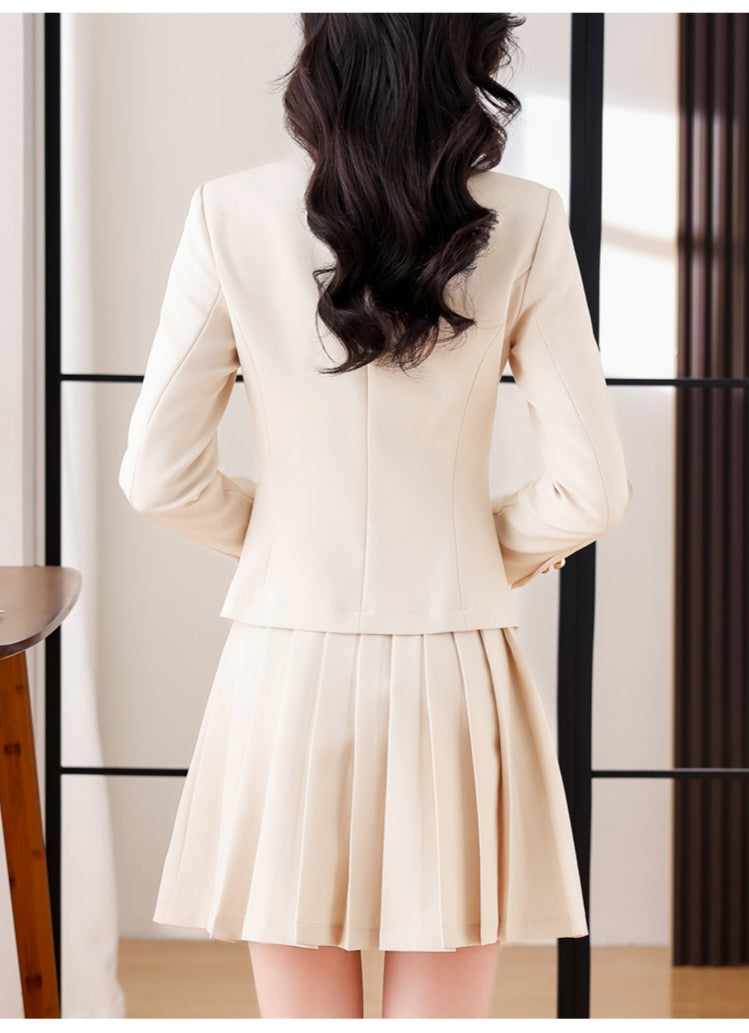 Professional Suit Long-sleeve Top + Pleated Mini Skirt