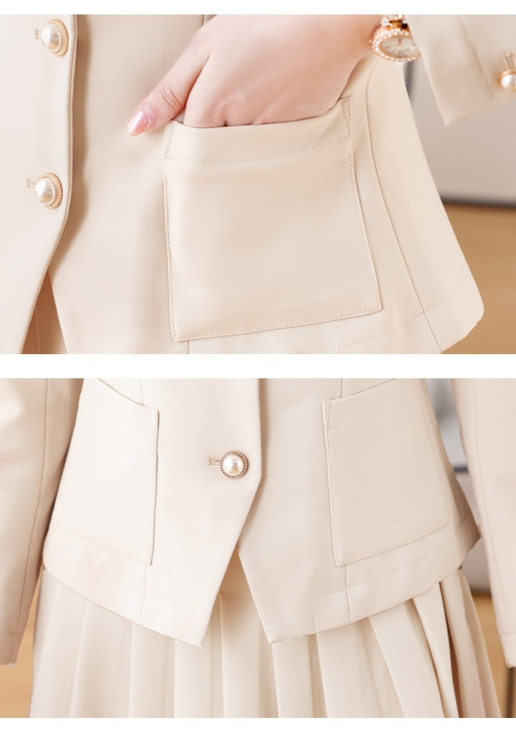 Professional Suit Long-sleeve Top + Pleated Mini Skirt