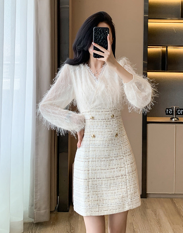 Off-white Fur Splicing Tweed Sweet Mini Dress