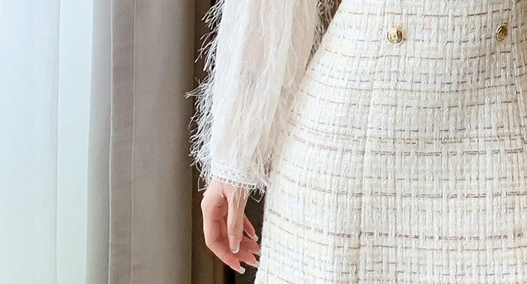 Off-white Fur Splicing Tweed Sweet Mini Dress