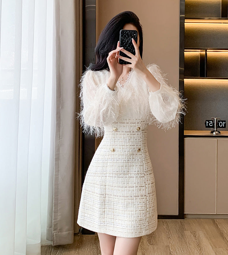 Off-white Fur Splicing Tweed Sweet Mini Dress