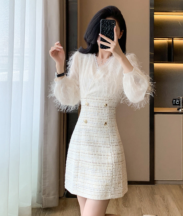 Off-white Fur Splicing Tweed Sweet Mini Dress