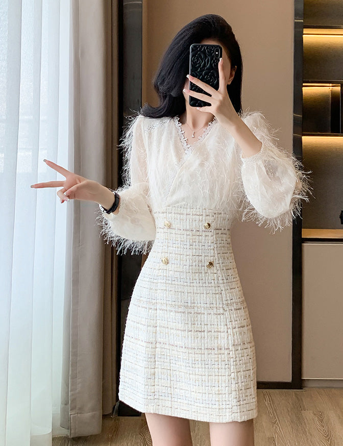 Off-white Fur Splicing Tweed Sweet Mini Dress