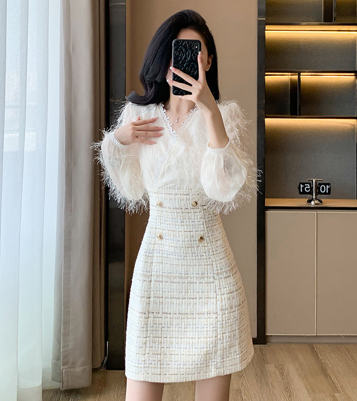 Off-white Fur Splicing Tweed Sweet Mini Dress