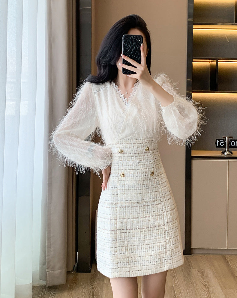 Off-white Fur Splicing Tweed Sweet Mini Dress