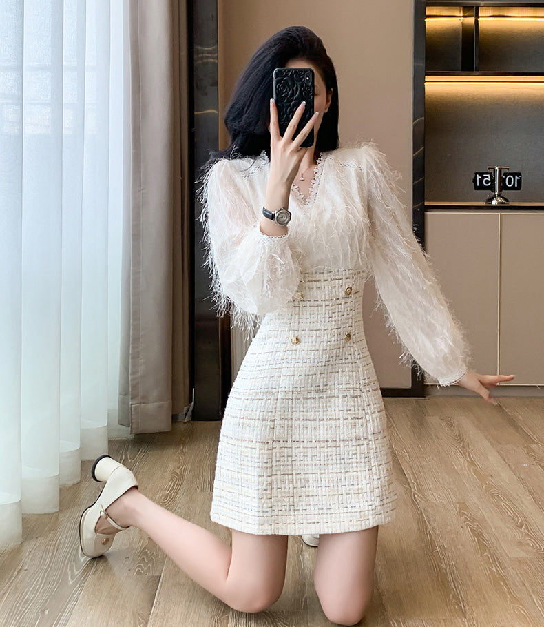 Off-white Fur Splicing Tweed Sweet Mini Dress