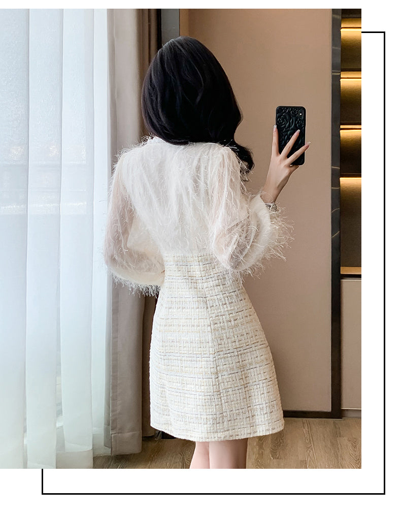 Off-white Fur Splicing Tweed Sweet Mini Dress