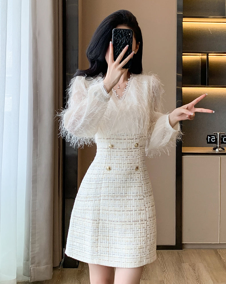 Off-white Fur Splicing Tweed Sweet Mini Dress