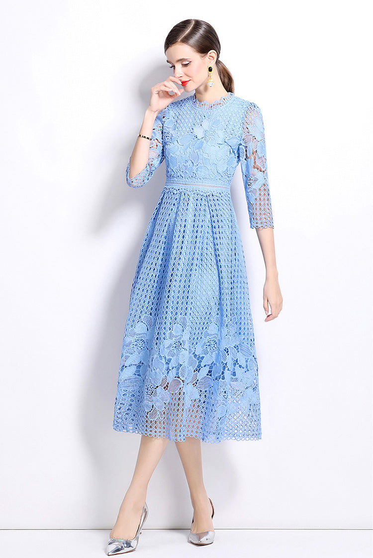Light Blue Hook Flower Lace Mid-length Dress