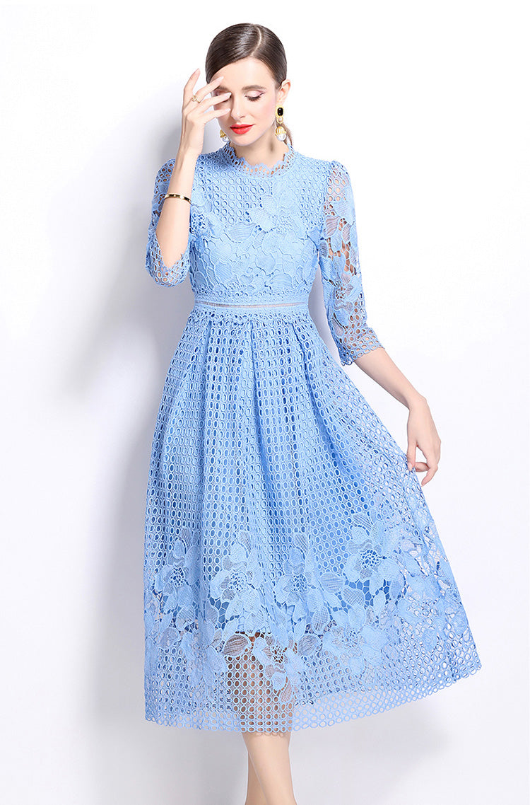 Light Blue Hook Flower Lace Mid-length Dress