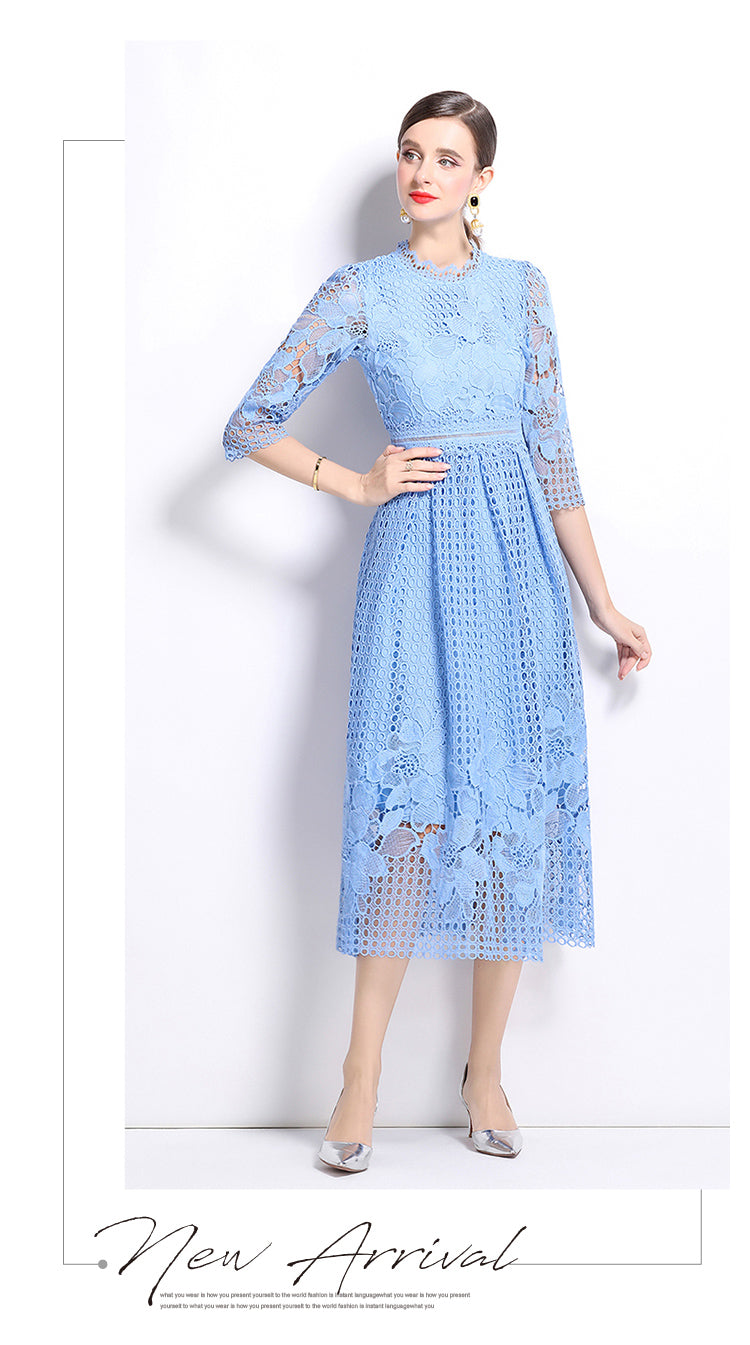 Light Blue Hook Flower Lace Mid-length Dress