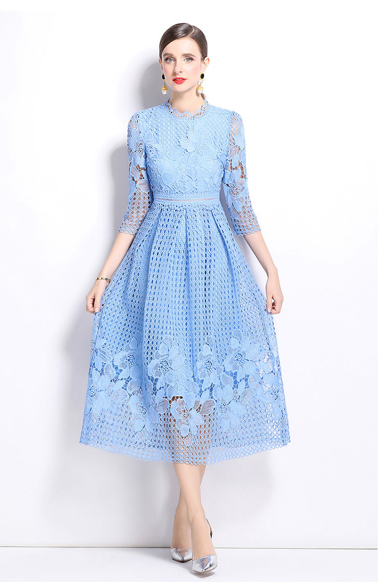 Light Blue Hook Flower Lace Mid-length Dress