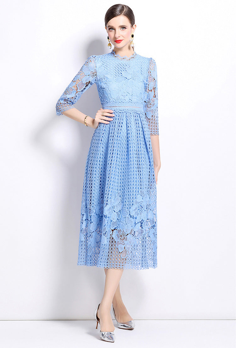 Light Blue Hook Flower Lace Mid-length Dress