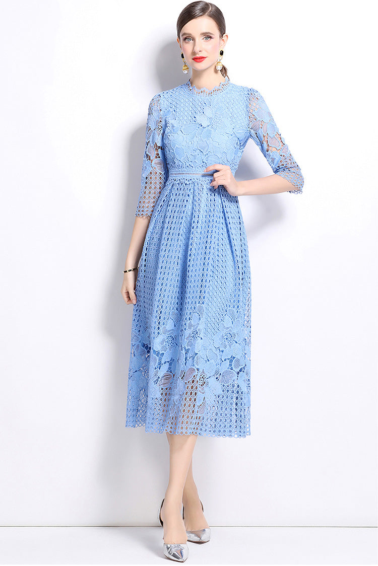 Light Blue Hook Flower Lace Mid-length Dress