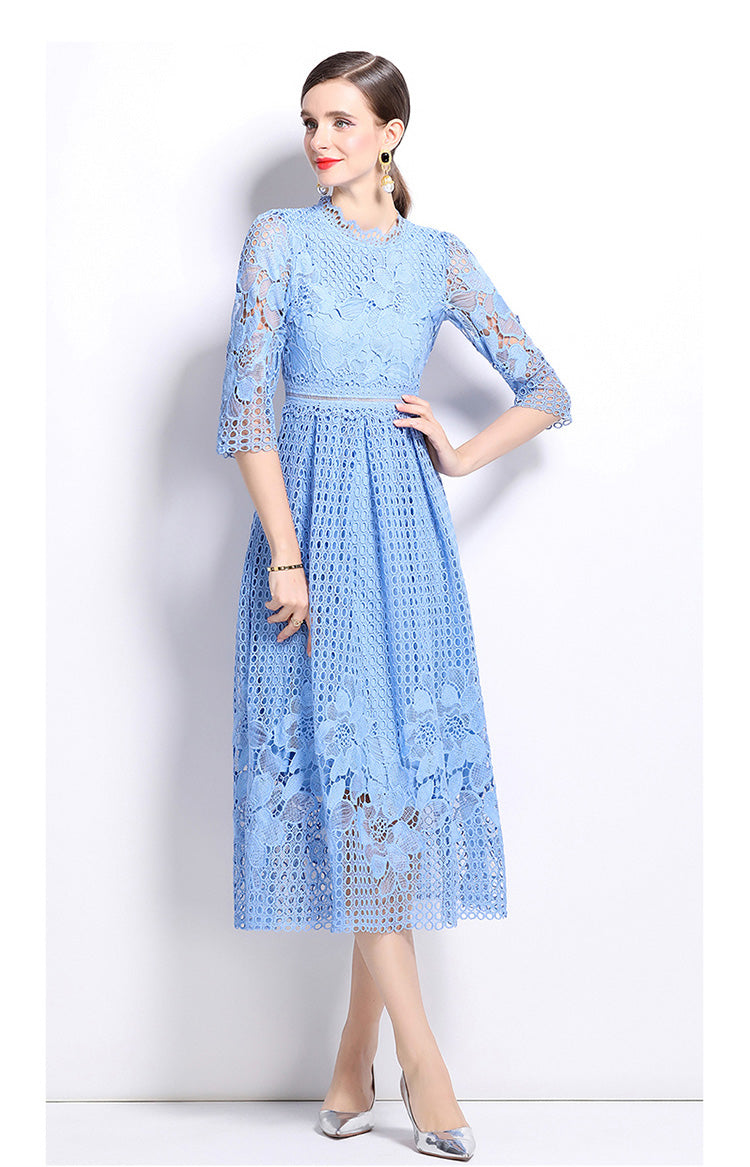 Light Blue Hook Flower Lace Mid-length Dress