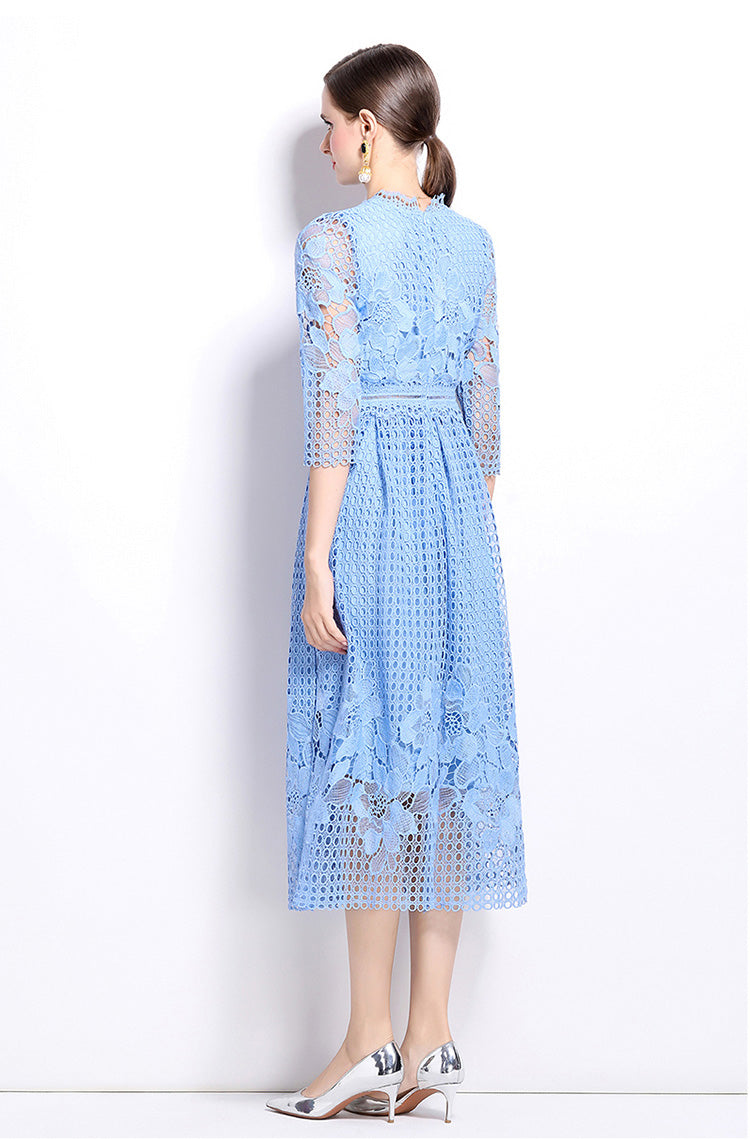 Light Blue Hook Flower Lace Mid-length Dress