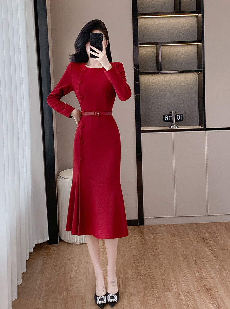 Red Long-sleeve Fishtail Dress