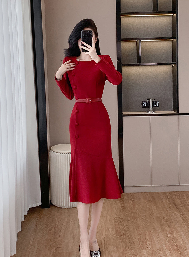 Red Long-sleeve Fishtail Dress