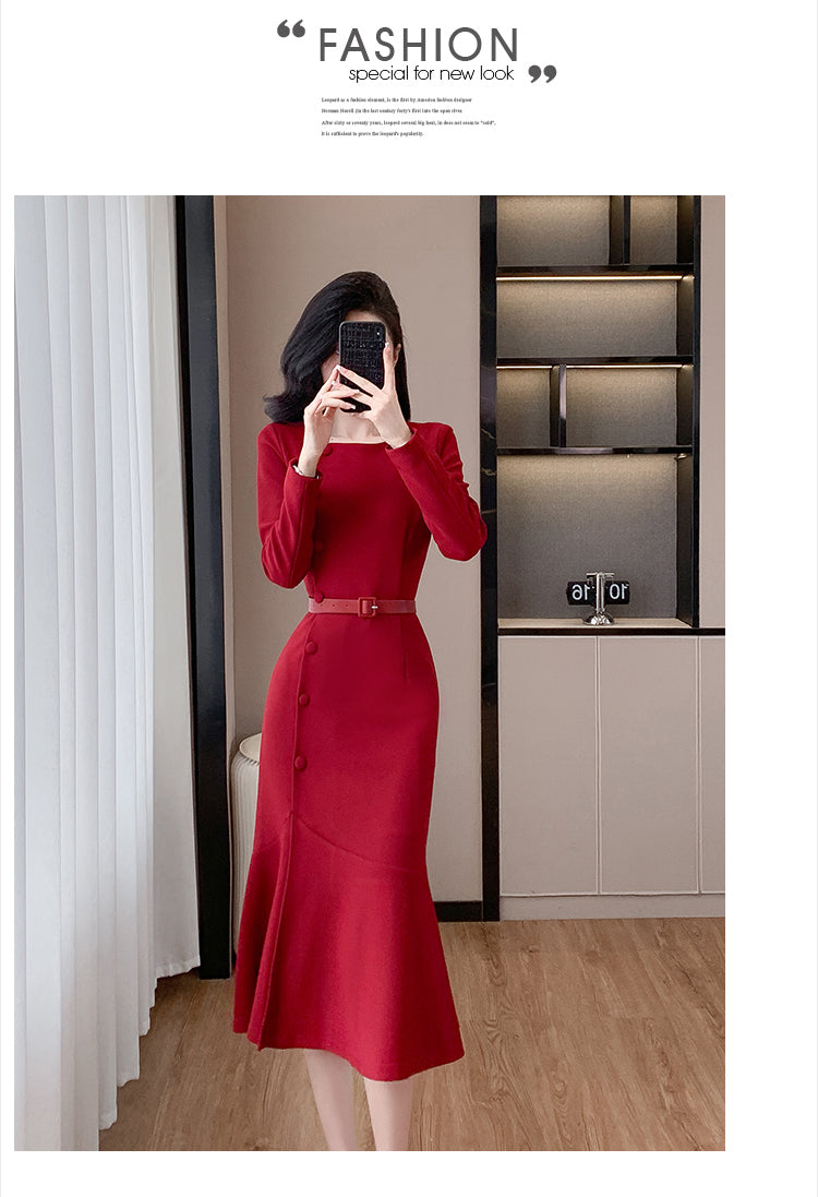 Red Long-sleeve Fishtail Dress