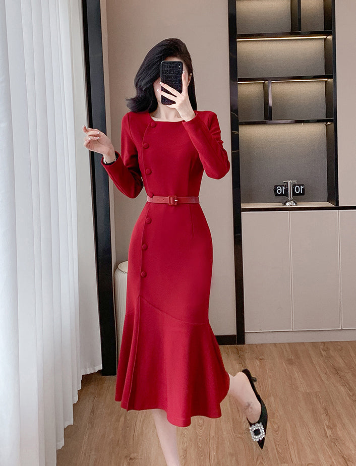 Red Long-sleeve Fishtail Dress
