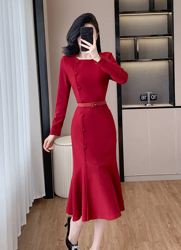 Red Long-sleeve Fishtail Dress